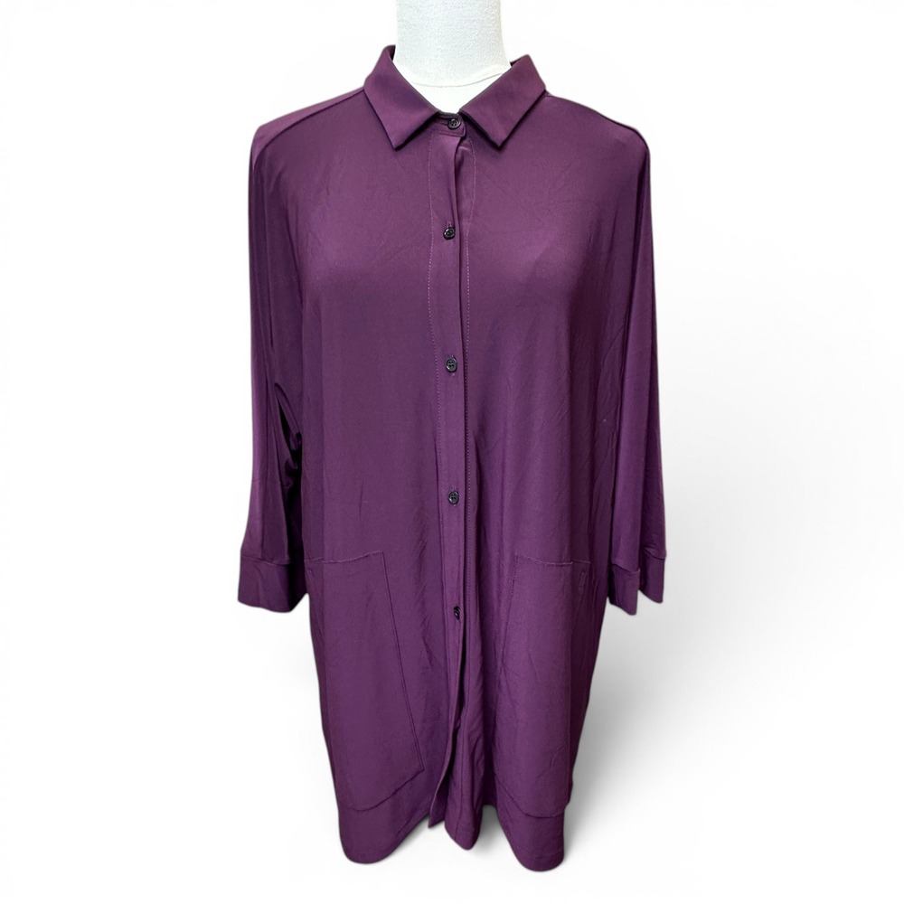 Sun Kim Button Front Tunic Women‎ Large Purple 3/4 Sleeve Pockets Lagenlook NEW